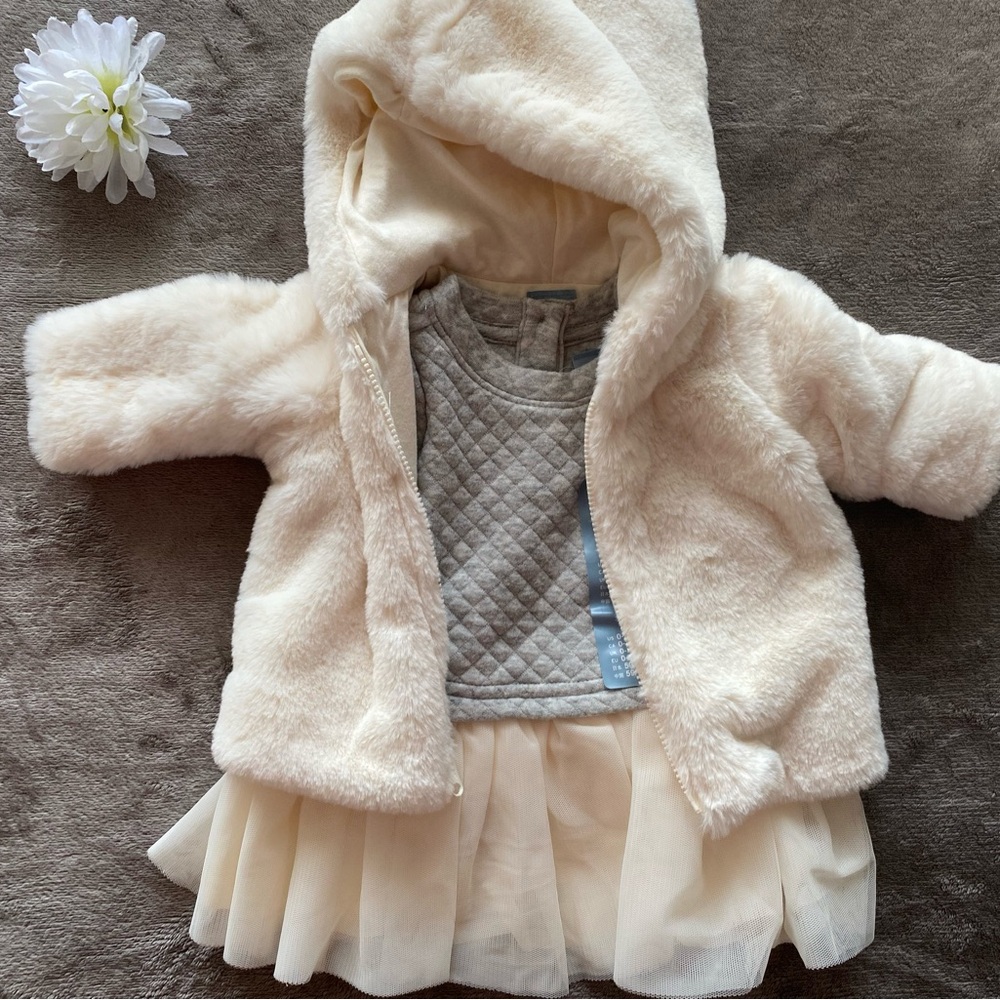 NWT Baby Gap Special Occasion Bundle - Faux Fur Jacket & Tulle Dress 0-3M